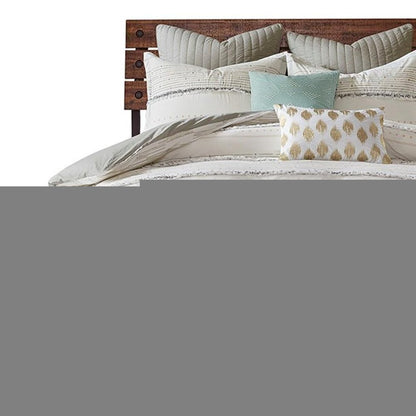 Set of Three Off White And Gray Striped King Ring Stitch Sham And Comforter HomeRoots