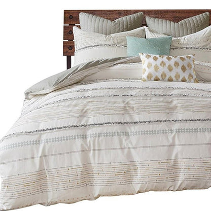 Set of Three Off White And Gray Striped King Ring Stitch Sham And Comforter HomeRoots