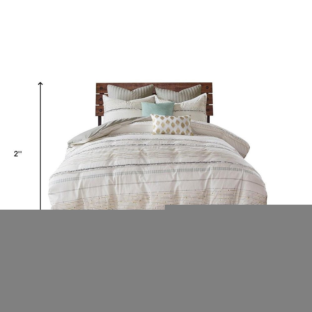 Set of Three Off White And Gray Striped King Ring Stitch Sham And Comforter HomeRoots