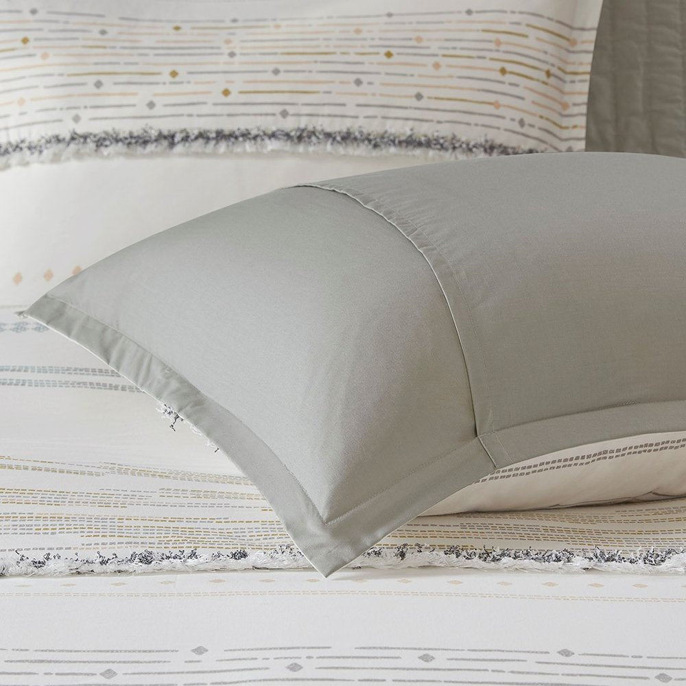 Set of Three Off White And Gray Striped King Ring Stitch Sham And Comforter HomeRoots
