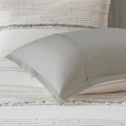 Set of Three Off White And Gray Striped King Ring Stitch Sham And Comforter HomeRoots