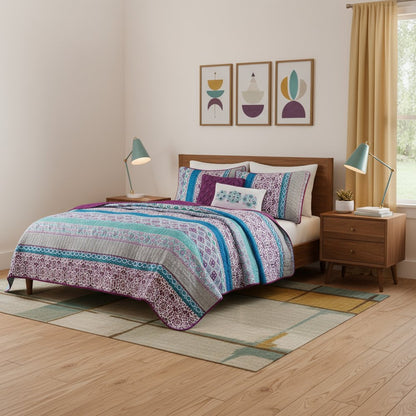 Set of Five Purple And Ivory Striped Queen Ring Stitch Sham And Comforter HomeRoots