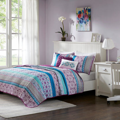 Set of Five Purple And Ivory Striped Queen Ring Stitch Sham And Comforter HomeRoots