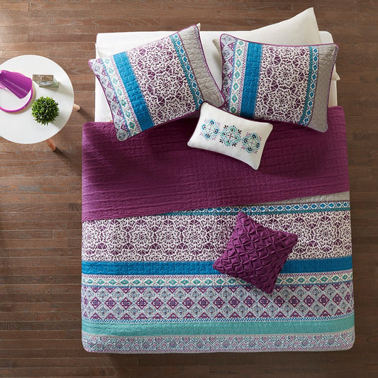 Set of Five Purple And Ivory Striped Queen Ring Stitch Sham And Comforter HomeRoots