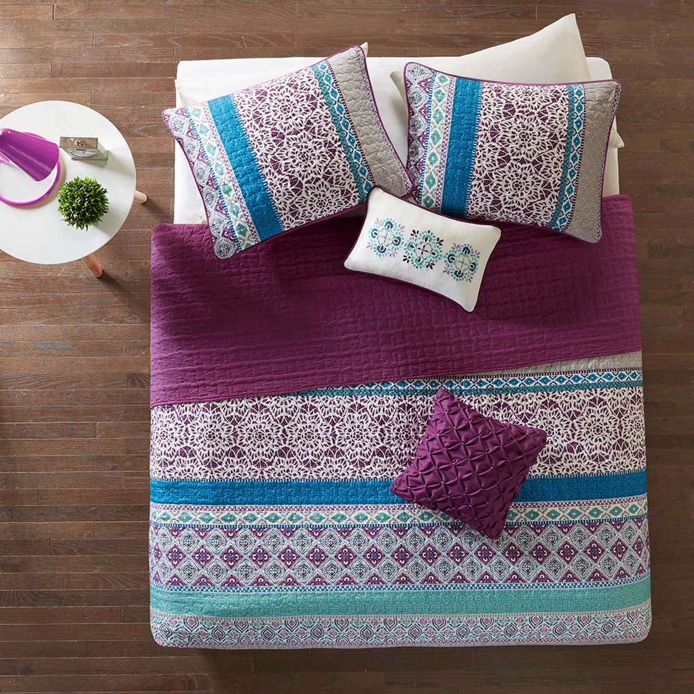 Set of Five Purple And Ivory Striped Queen Ring Stitch Sham And Comforter HomeRoots