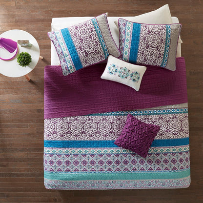 Set of Five Purple And Ivory Striped Queen Ring Stitch Sham And Comforter HomeRoots