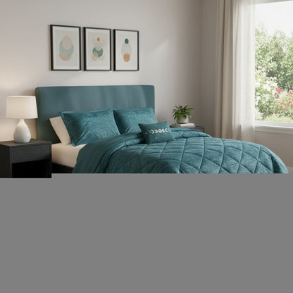 Set of Four Teal Blue King Ring Stitch Polyester Sham And Comforter HomeRoots