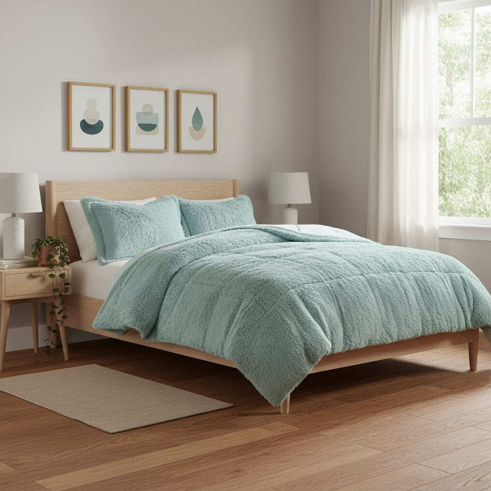 Set of Three Aqua King Ring Stitch Polyester Sham And Comforter HomeRoots