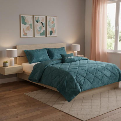 Set of Three Teal Blue Twin Ring Stitch Polyester Sham And Comforter HomeRoots