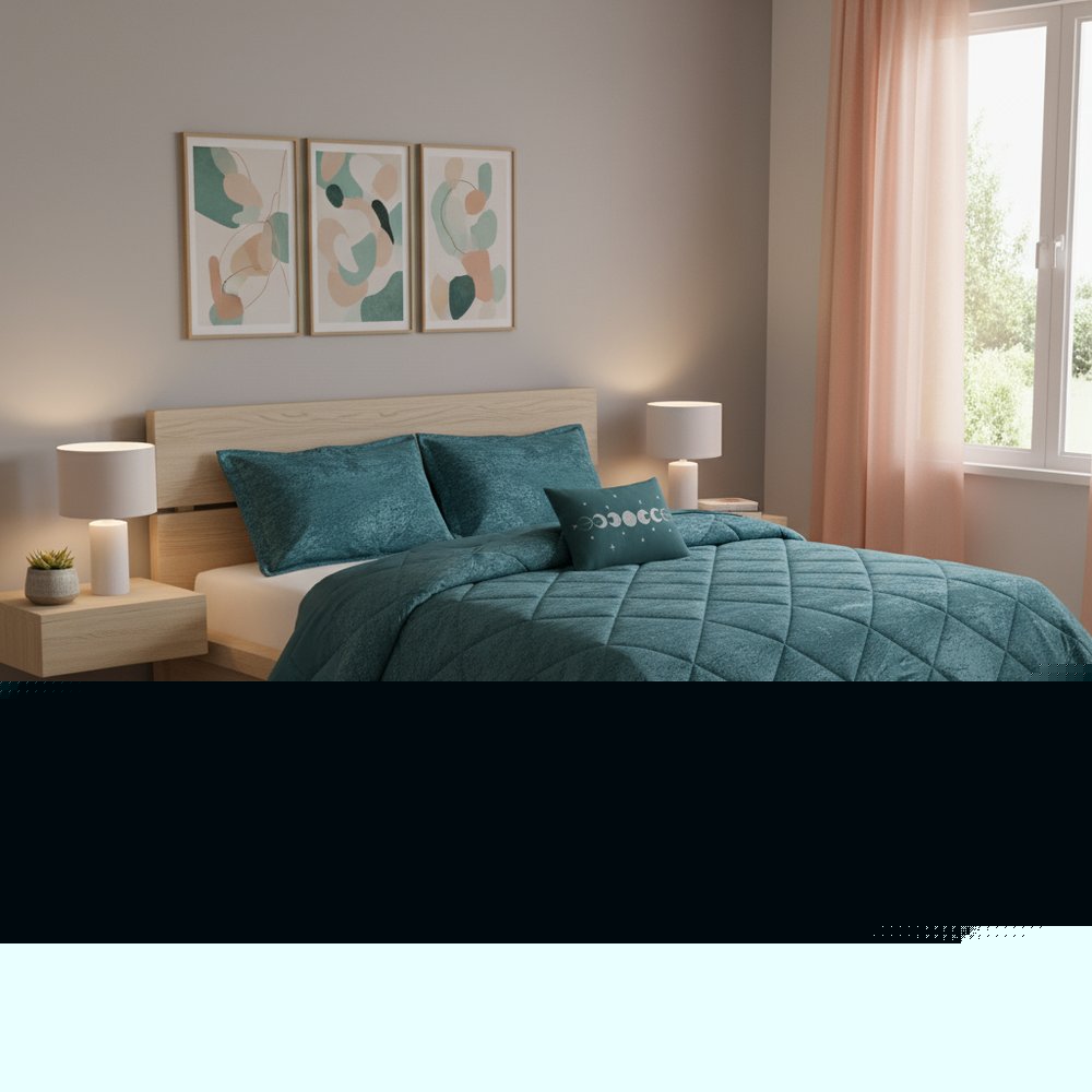 Set of Three Teal Blue Twin Ring Stitch Polyester Sham And Comforter HomeRoots