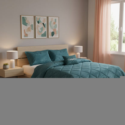 Set of Three Teal Blue Twin Ring Stitch Polyester Sham And Comforter HomeRoots