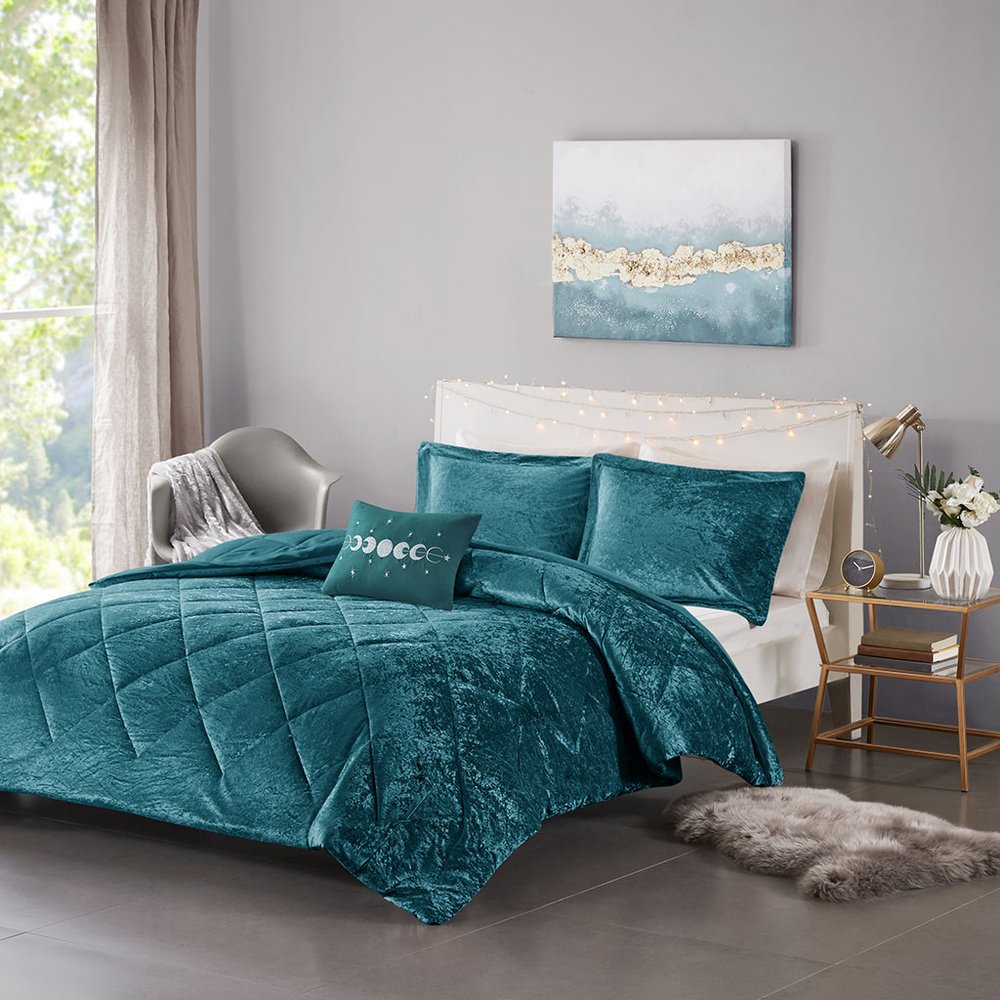 Set of Three Teal Blue Twin Ring Stitch Polyester Sham And Comforter HomeRoots