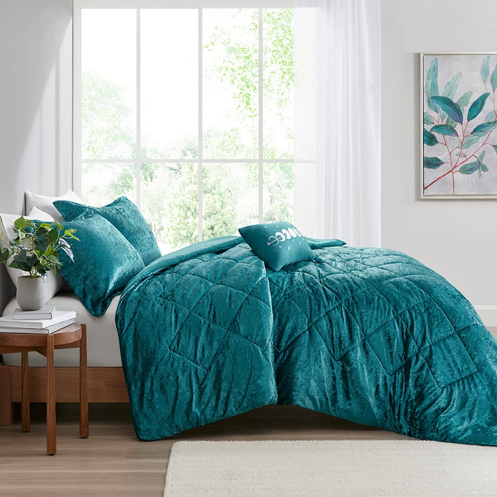 Set of Three Teal Blue Twin Ring Stitch Polyester Sham And Comforter HomeRoots