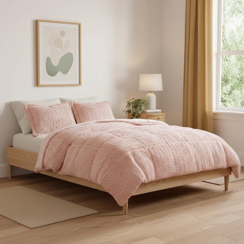 Set of Two Blush Twin Ring Stitch Polyester Sham And Comforter HomeRoots
