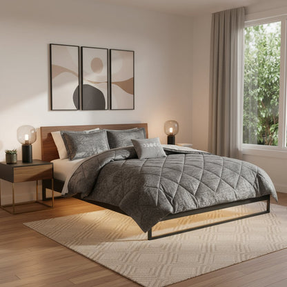 Set of Three Gray Twin Ring Stitch Polyester Sham And Comforter HomeRoots