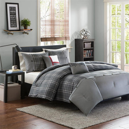 Set of Five Gray And White Plaid Queen Ring Stitch Polyester Sham And Comforter HomeRoots