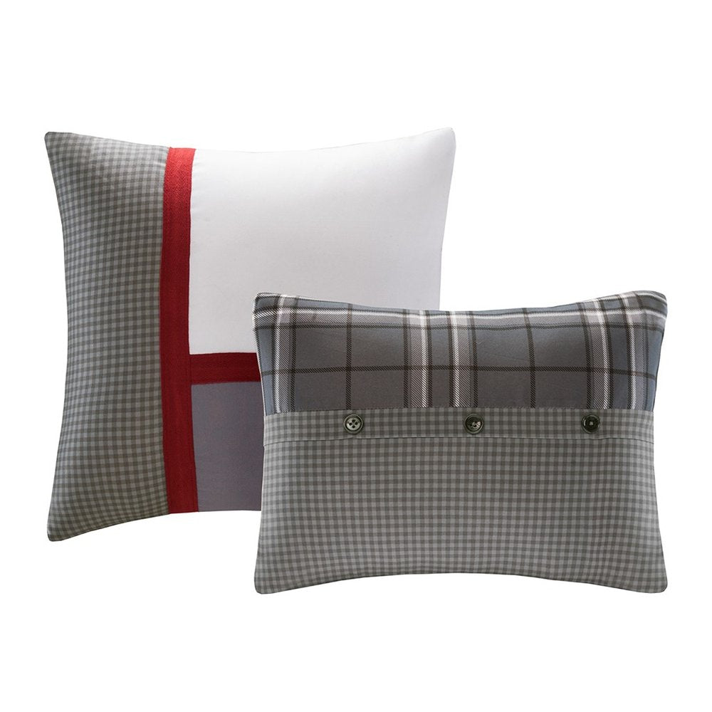 Set of Five Gray And White Plaid Queen Ring Stitch Polyester Sham And Comforter HomeRoots