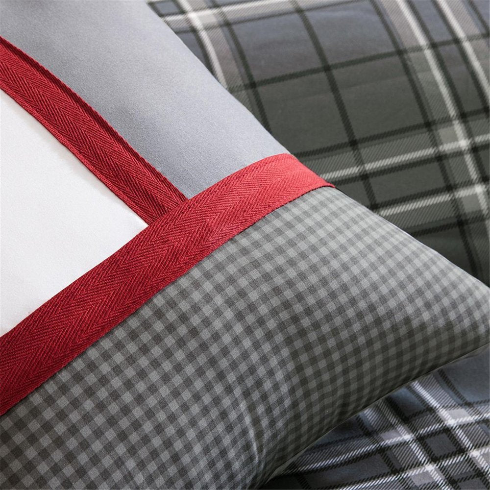 Set of Five Gray And White Plaid Queen Ring Stitch Polyester Sham And Comforter HomeRoots