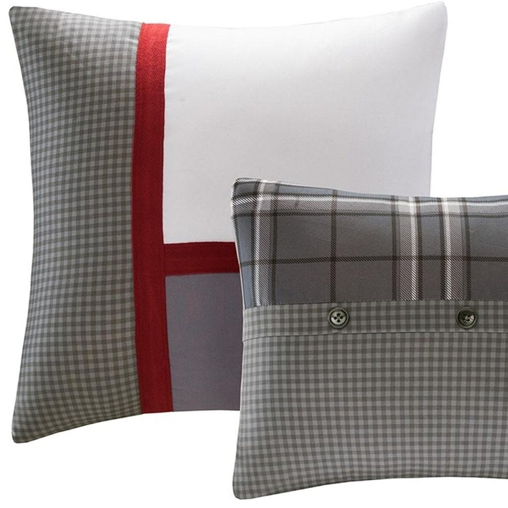 Set of Five Gray And White Plaid Queen Ring Stitch Polyester Sham And Comforter HomeRoots