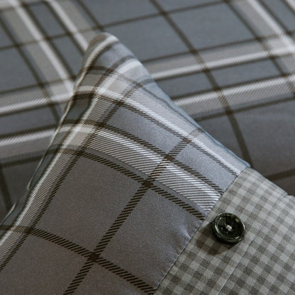 Set of Five Gray And White Plaid Queen Ring Stitch Polyester Sham And Comforter HomeRoots