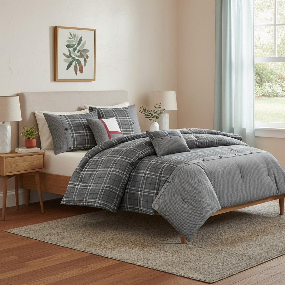 Set of Five Gray And White Plaid Queen Ring Stitch Polyester Sham And Comforter HomeRoots
