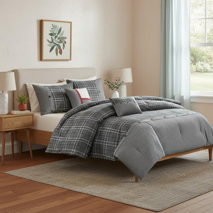 Set of Five Gray And White Plaid Queen Ring Stitch Polyester Sham And Comforter HomeRoots