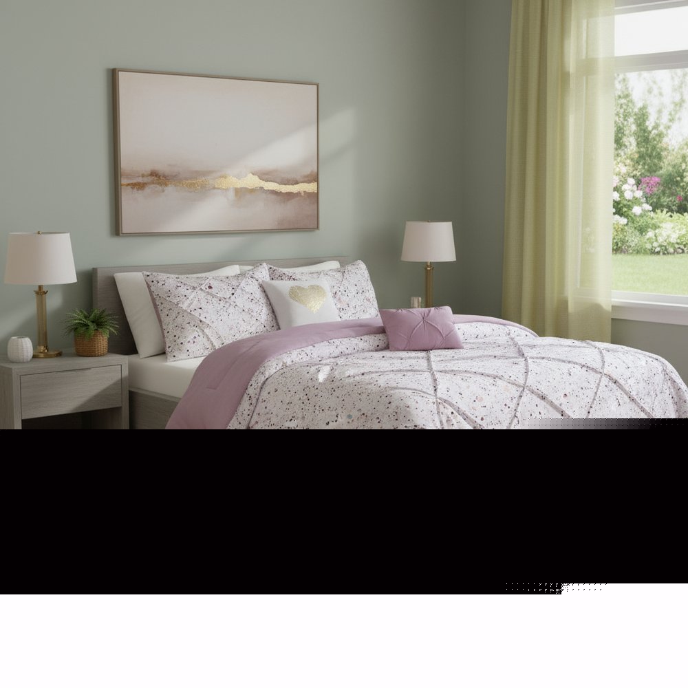 Set of Four Plum And White Abstract Ring Stitch Polyester Sham And Comforter HomeRoots