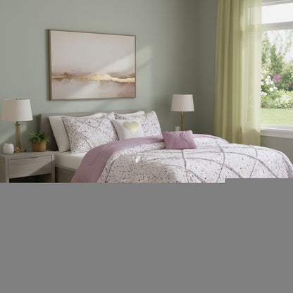 Set of Four Plum And White Abstract Ring Stitch Polyester Sham And Comforter HomeRoots