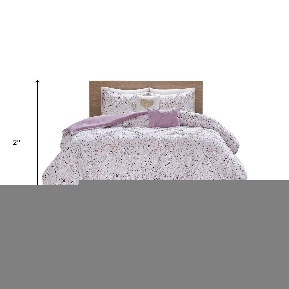 Set of Four Plum And White Abstract Ring Stitch Polyester Sham And Comforter HomeRoots