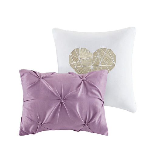 Set of Four Plum And White Abstract Ring Stitch Polyester Sham And Comforter HomeRoots