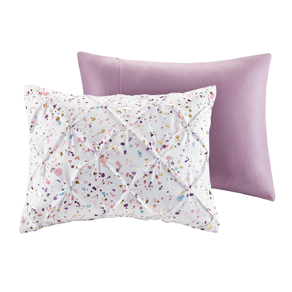 Set of Four Plum And White Abstract Ring Stitch Polyester Sham And Comforter HomeRoots
