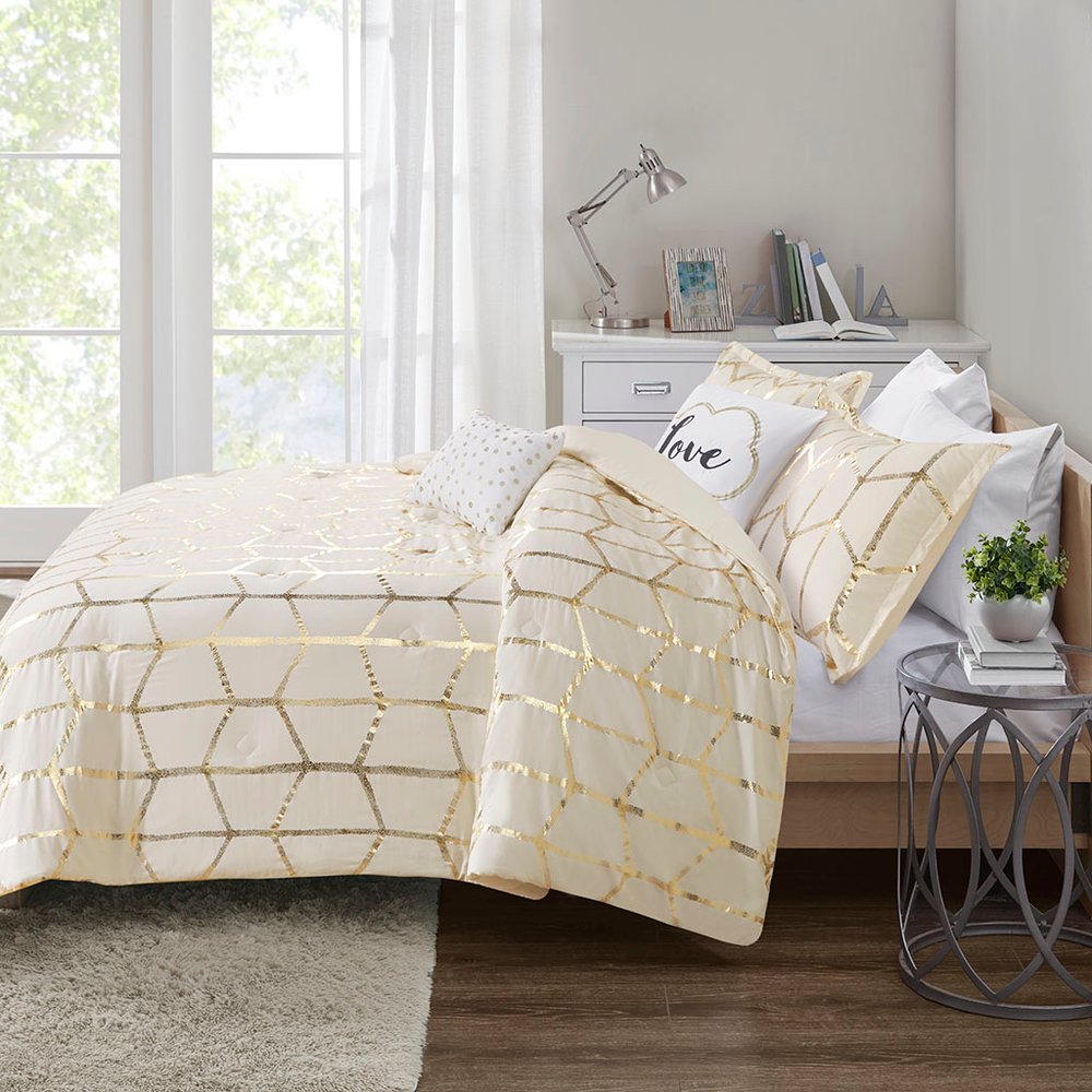 Set of Four Gold And Ivory Geometric Ring Stitch Polyester Sham And Comforter HomeRoots