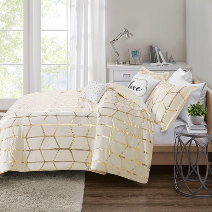 Set of Four Gold And Ivory Geometric Ring Stitch Polyester Sham And Comforter HomeRoots