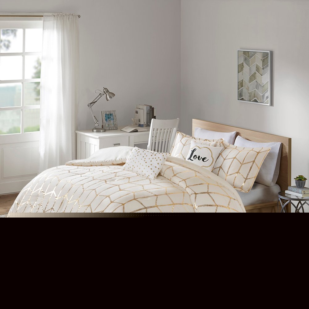 Set of Four Gold And Ivory Geometric Ring Stitch Polyester Sham And Comforter HomeRoots