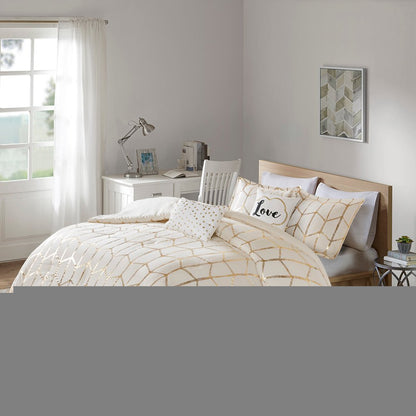 Set of Four Gold And Ivory Geometric Ring Stitch Polyester Sham And Comforter HomeRoots