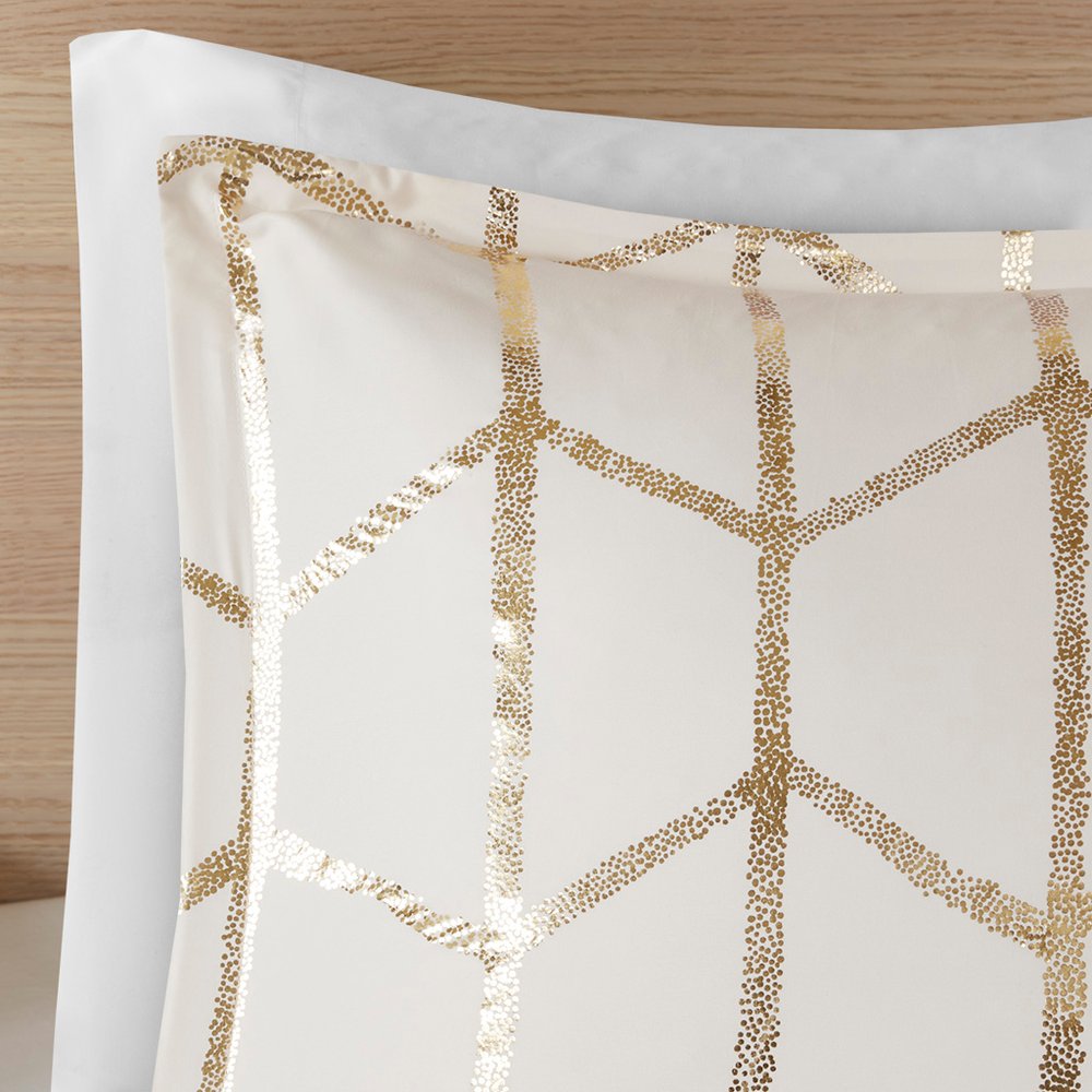 Set of Four Gold And Ivory Geometric Ring Stitch Polyester Sham And Comforter HomeRoots