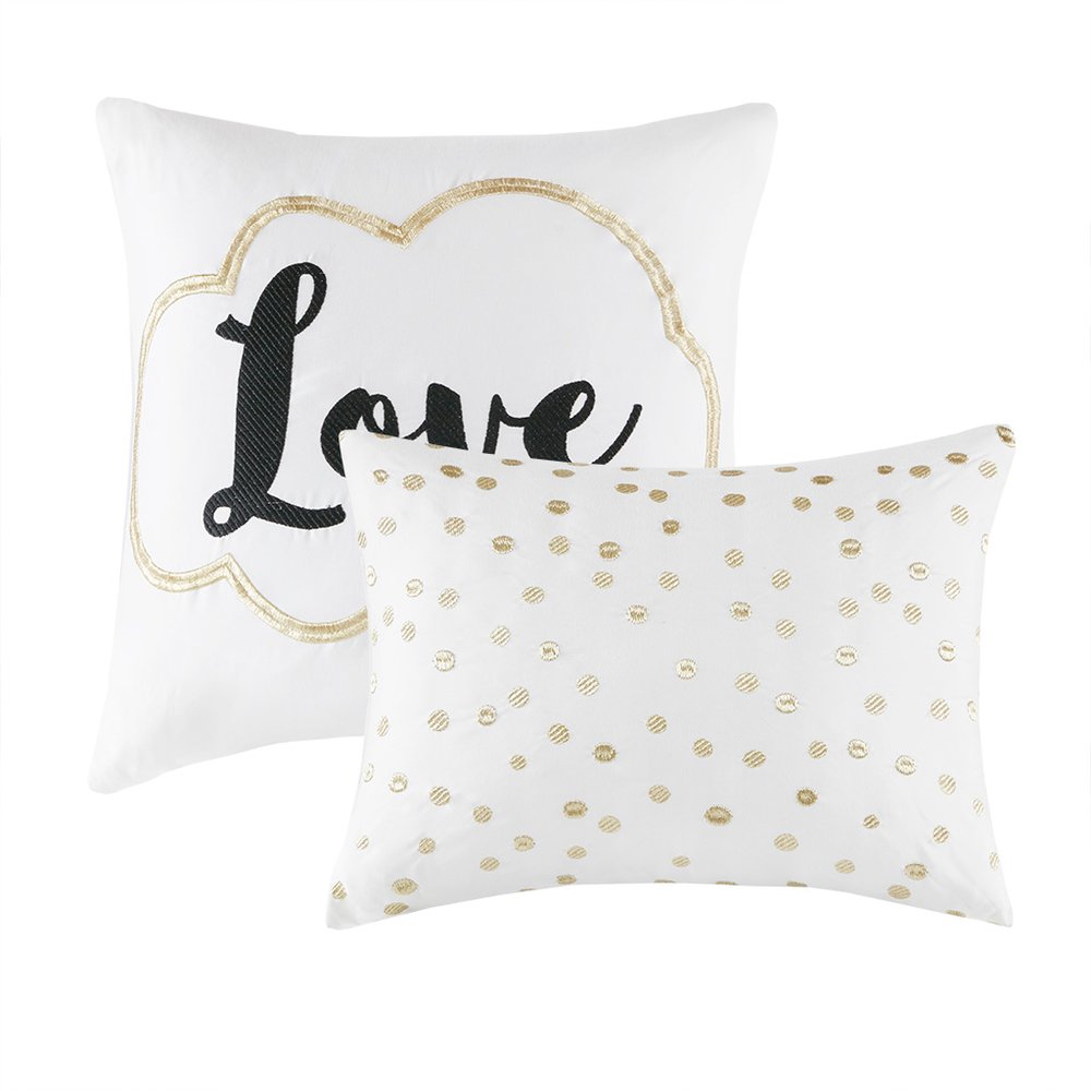 Set of Four Gold And Ivory Geometric Ring Stitch Polyester Sham And Comforter HomeRoots