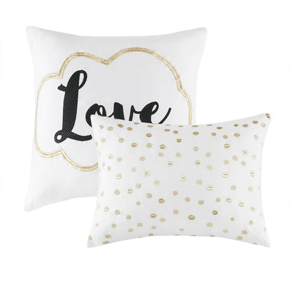 Set of Four Gold And Ivory Geometric Ring Stitch Polyester Sham And Comforter HomeRoots