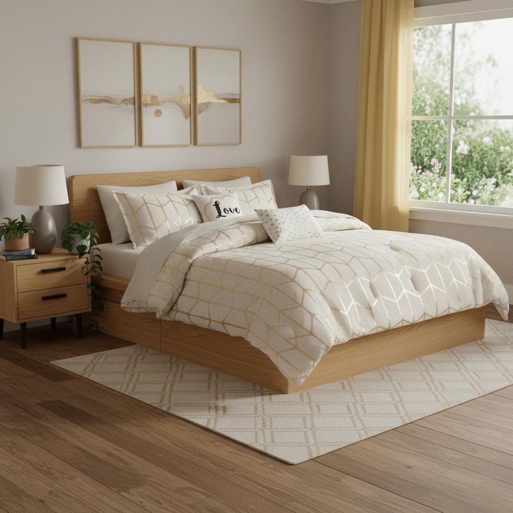 Set of Four Gold And Ivory Geometric Ring Stitch Polyester Sham And Comforter HomeRoots