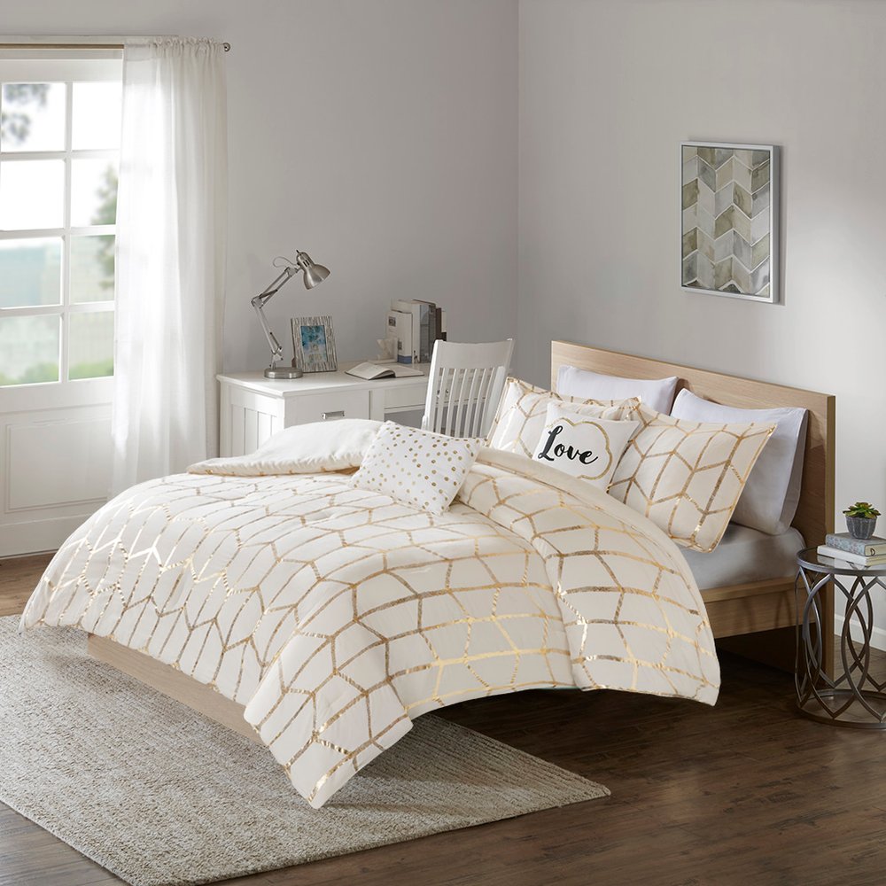 Set of Four Gold And Ivory Geometric Ring Stitch Polyester Sham And Comforter HomeRoots
