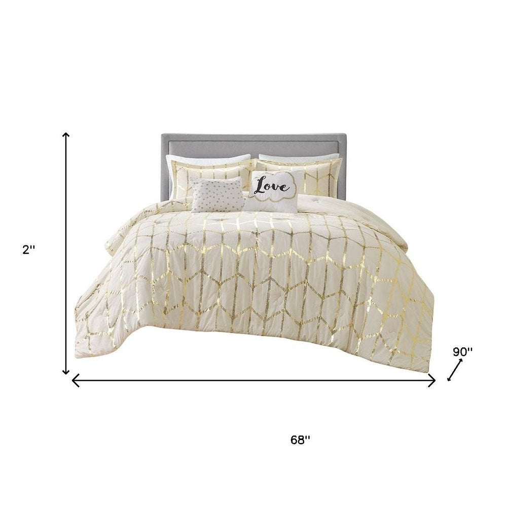 Set of Four Gold And Ivory Geometric Ring Stitch Polyester Sham And Comforter HomeRoots
