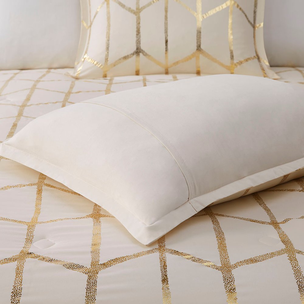 Set of Four Gold And Ivory Geometric Ring Stitch Polyester Sham And Comforter HomeRoots