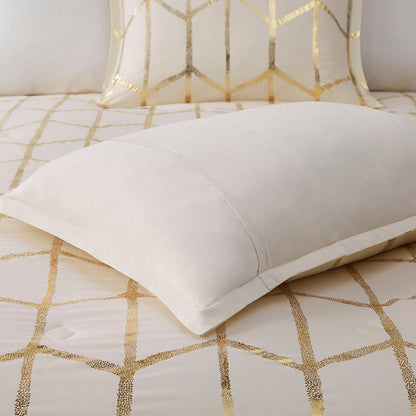 Set of Four Gold And Ivory Geometric Ring Stitch Polyester Sham And Comforter HomeRoots
