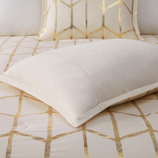 Set of Four Gold And Ivory Geometric Ring Stitch Polyester Sham And Comforter HomeRoots