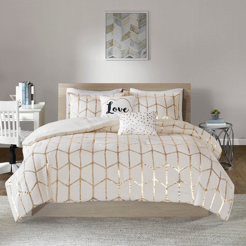 Set of Four Gold And Ivory Geometric Ring Stitch Polyester Sham And Comforter HomeRoots