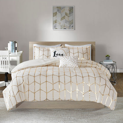 Set of Four Gold And Ivory Geometric Ring Stitch Polyester Sham And Comforter HomeRoots