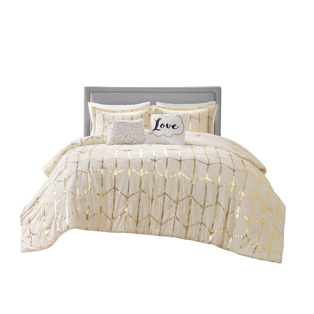 Set of Four Gold And Ivory Geometric Ring Stitch Polyester Sham And Comforter HomeRoots