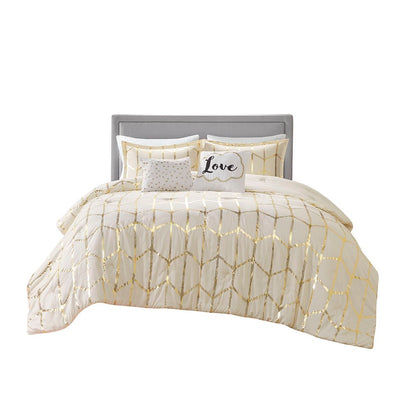 Set of Four Gold And Ivory Geometric Ring Stitch Polyester Sham And Comforter HomeRoots