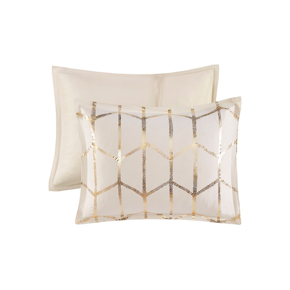 Set of Four Gold And Ivory Geometric Ring Stitch Polyester Sham And Comforter HomeRoots