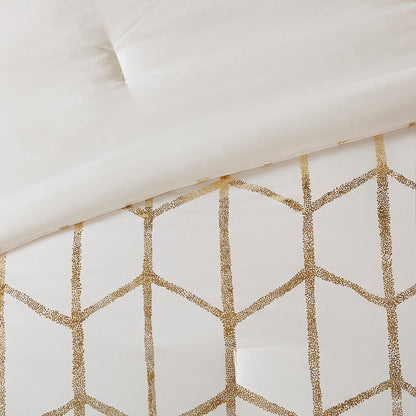 Set of Four Gold And Ivory Geometric Ring Stitch Polyester Sham And Comforter HomeRoots